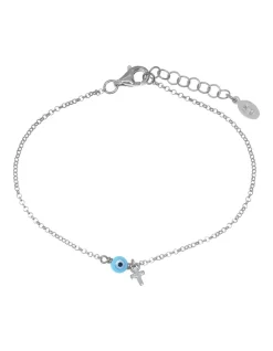 Coupon 🥰 Mocha Tiny Shiny Bracelet W/ Cross & Evil Eye Silver 🤩