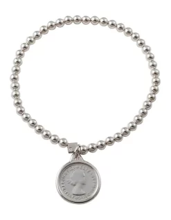 Outlet 🌟 Mocha Threepence Charm Silver Stretchy Bracelet 🧨